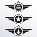 Air force badge set. Airforce logo with wings and star. Army and military emblem. Vector illustration. Royalty Free Stock Photo